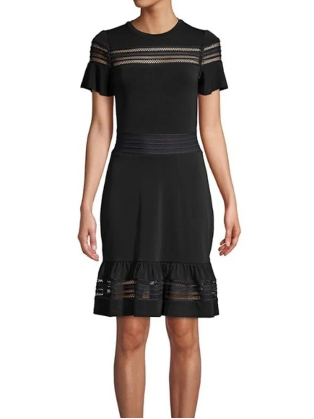 MK Michael Kors Black Short Sleeve Lace-Trim Fit & Flare Dress Size Small